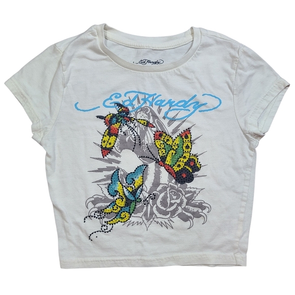 Ed Hardy Other - Ed Hardy Kids Rhinestone Butterfly Tattoo Graphic Tee White Size Small